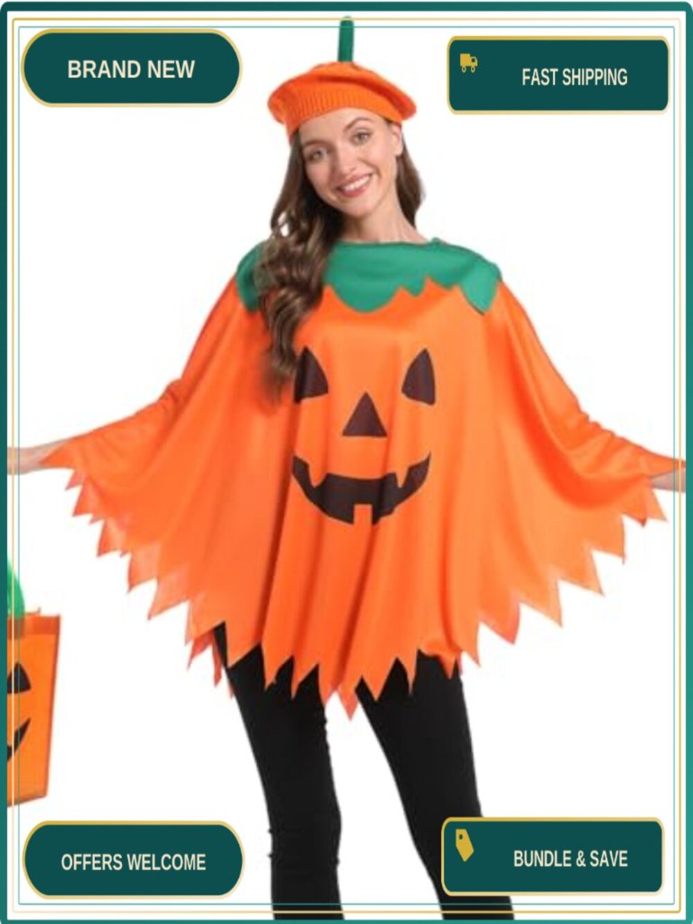 3PCS Pumpkin Halloween Costume Set with Poncho Beret Candy Bag